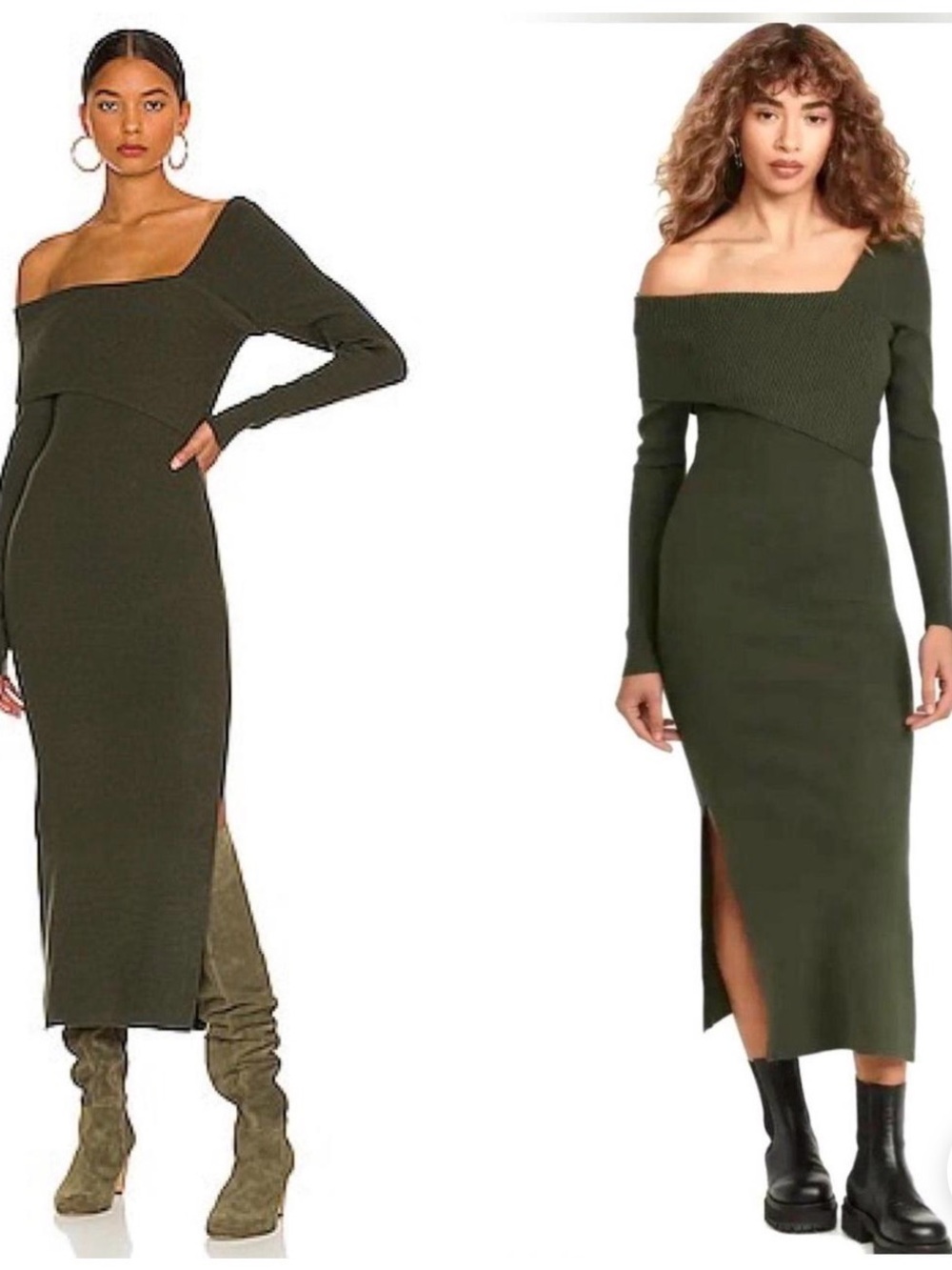 Line and Dot - Olive Off-Shoulder Midi Sweater Dress